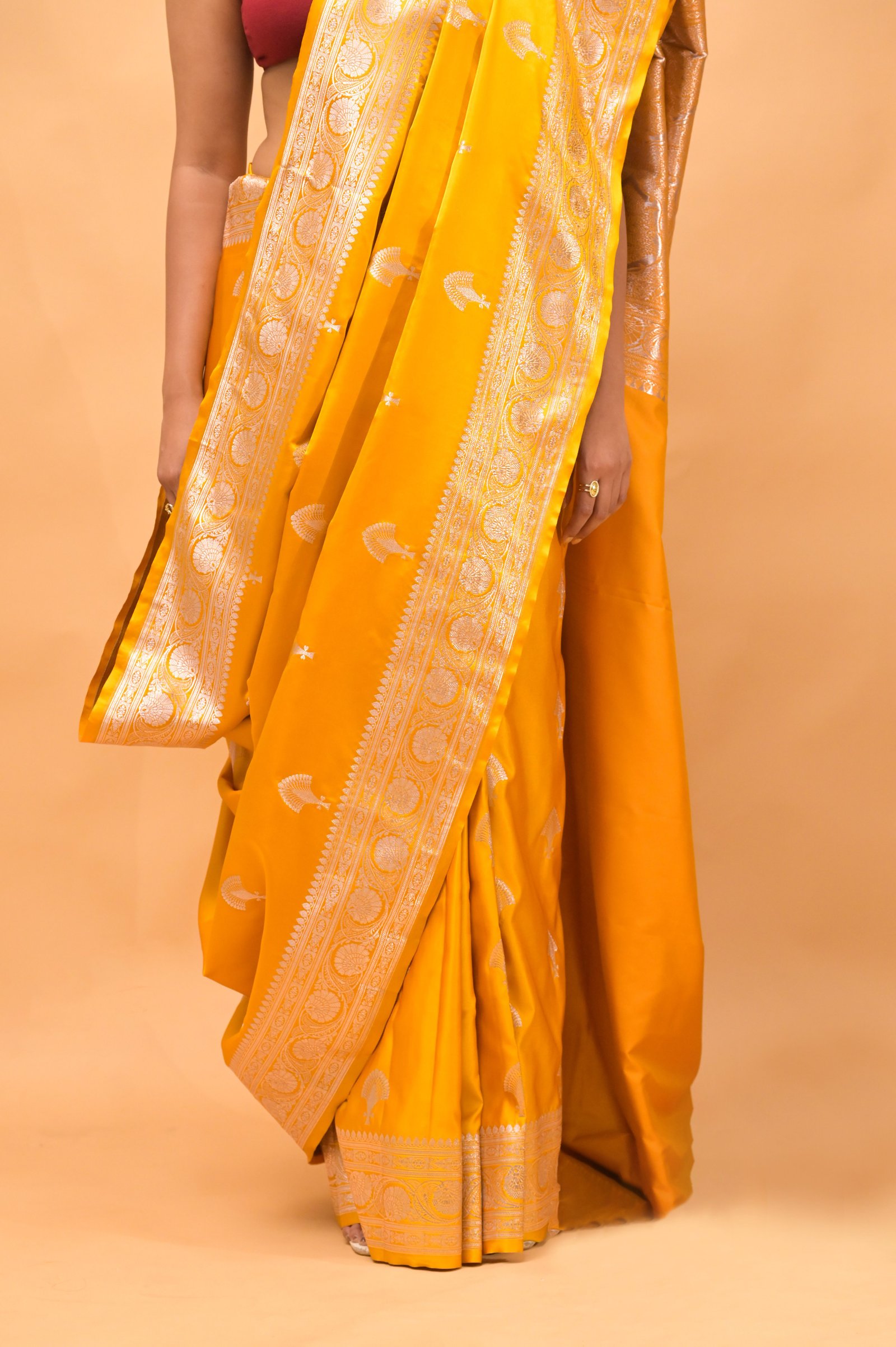 Musturd Yellow Mashroom Buta Silk Banarasi katan Saree